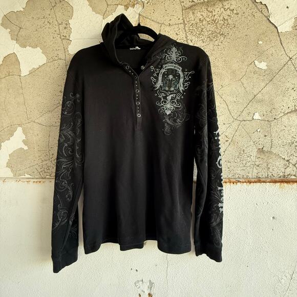Harley Davidson Other - Harley Davidson Thermal Hooded Henley Long Sleeve Graphic Skull Wings Biker Y2K